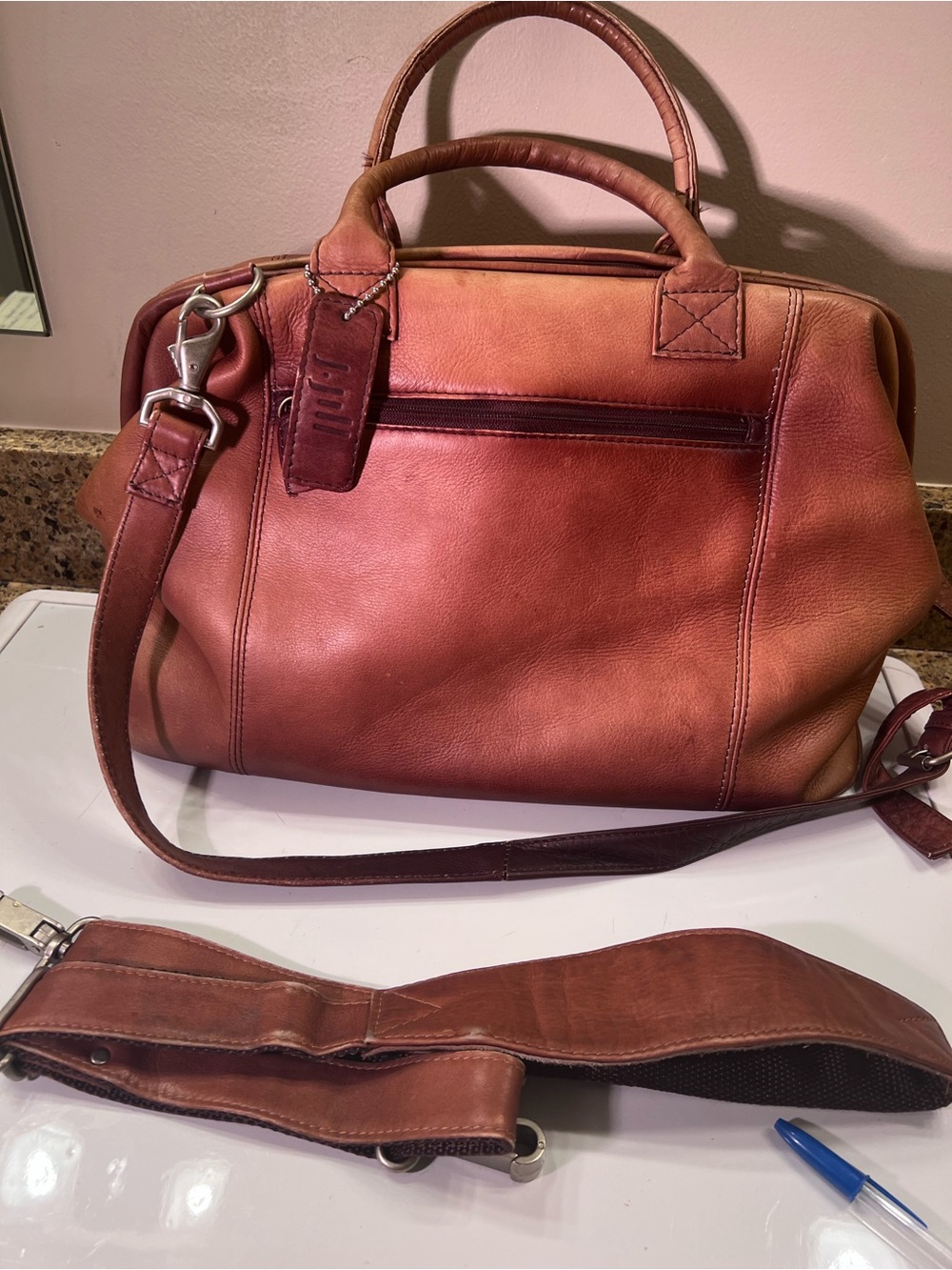 J. Jill Thick Distressed Leather Satchel in Warm Brown w/ Top Handles & 2 Straps